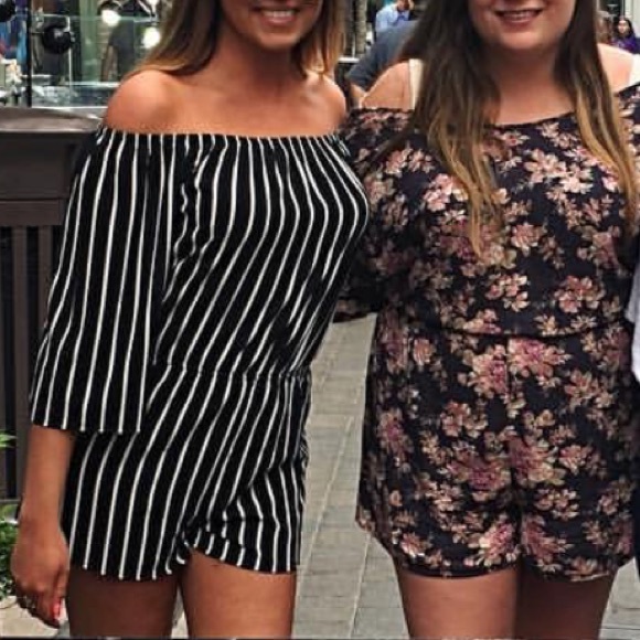 Pants - Off the Shoulder B&W Striped Romper